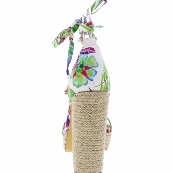 Floral tie up ankle wrap chunky platform heels espadrille sandals - Picture 3 of 3